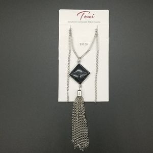 Designed by Toni 20x20mm Composite Black Howlite Gemstone Silver Tassel Necklace
